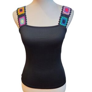 Black Cami with Crochet Granny Square Straps Size Small
